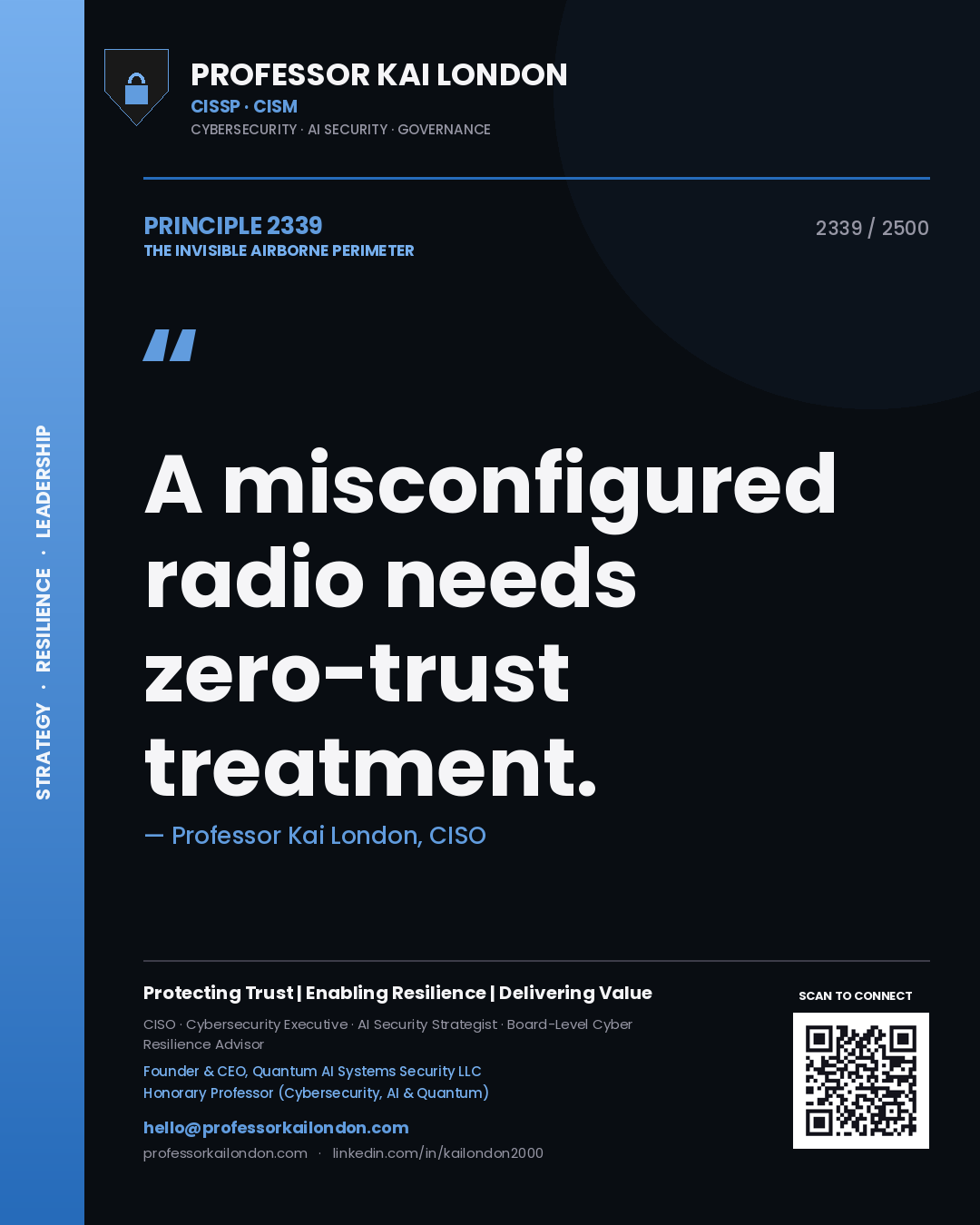 Quote card by Professor Kai London reading 'A misconfigured radio needs zero-trust treatment.'. From the book The Invisible Airborne Perimeter.