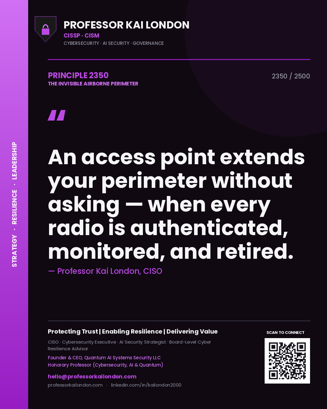 Quote card by Professor Kai London reading 'An access point extends your perimeter without asking — when every radio is authenticated, monitored, and retired.'. From the book The Invisible Airborne Perimeter.