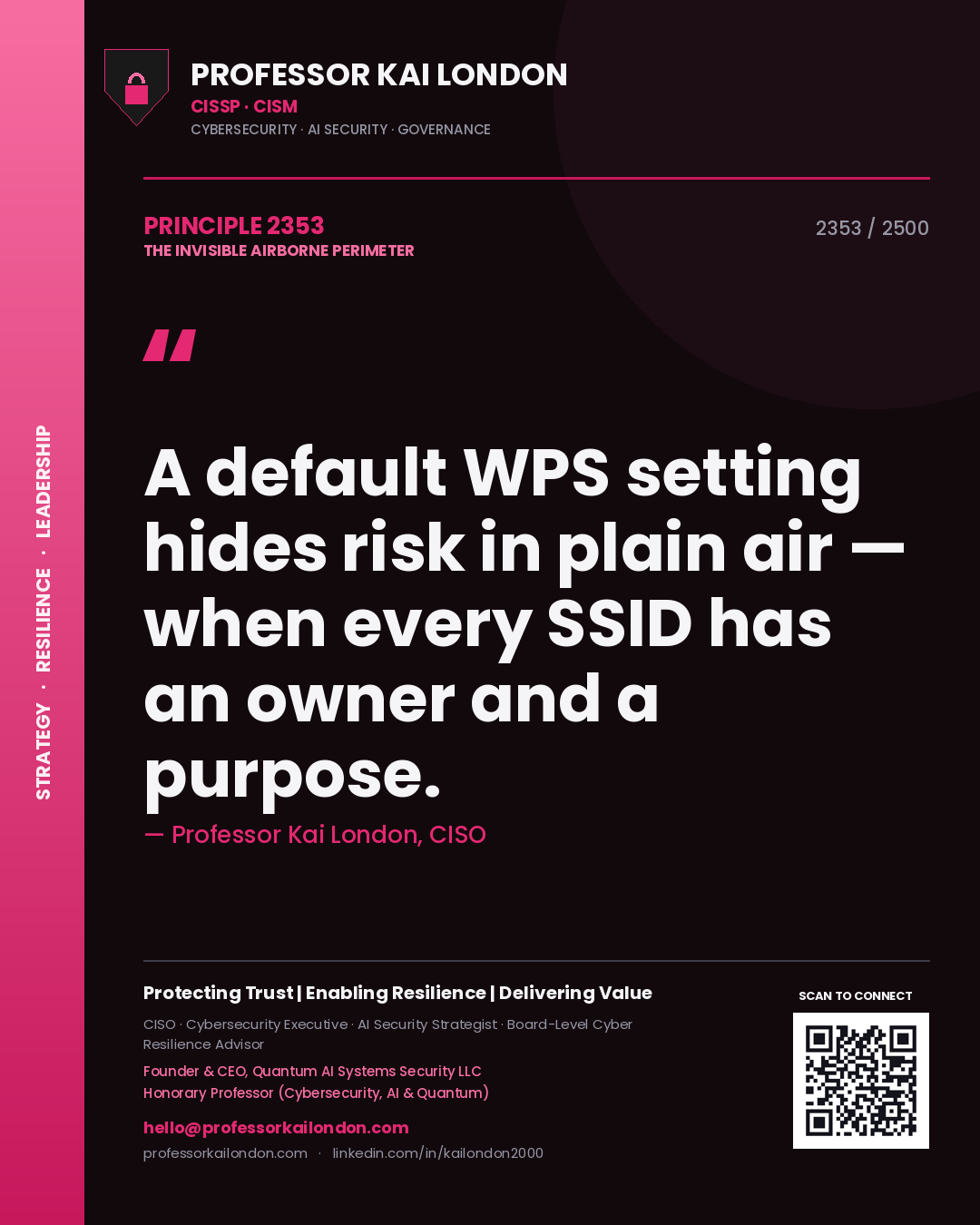Professor Kai London principle 2353: A default WPS setting hides risk in plain air — when every SSID has an owner and a purpose.