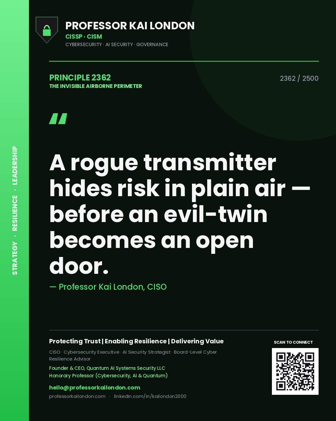 Professor Kai London principle 2362: A rogue transmitter hides risk in plain air — before an evil-twin becomes an open door.