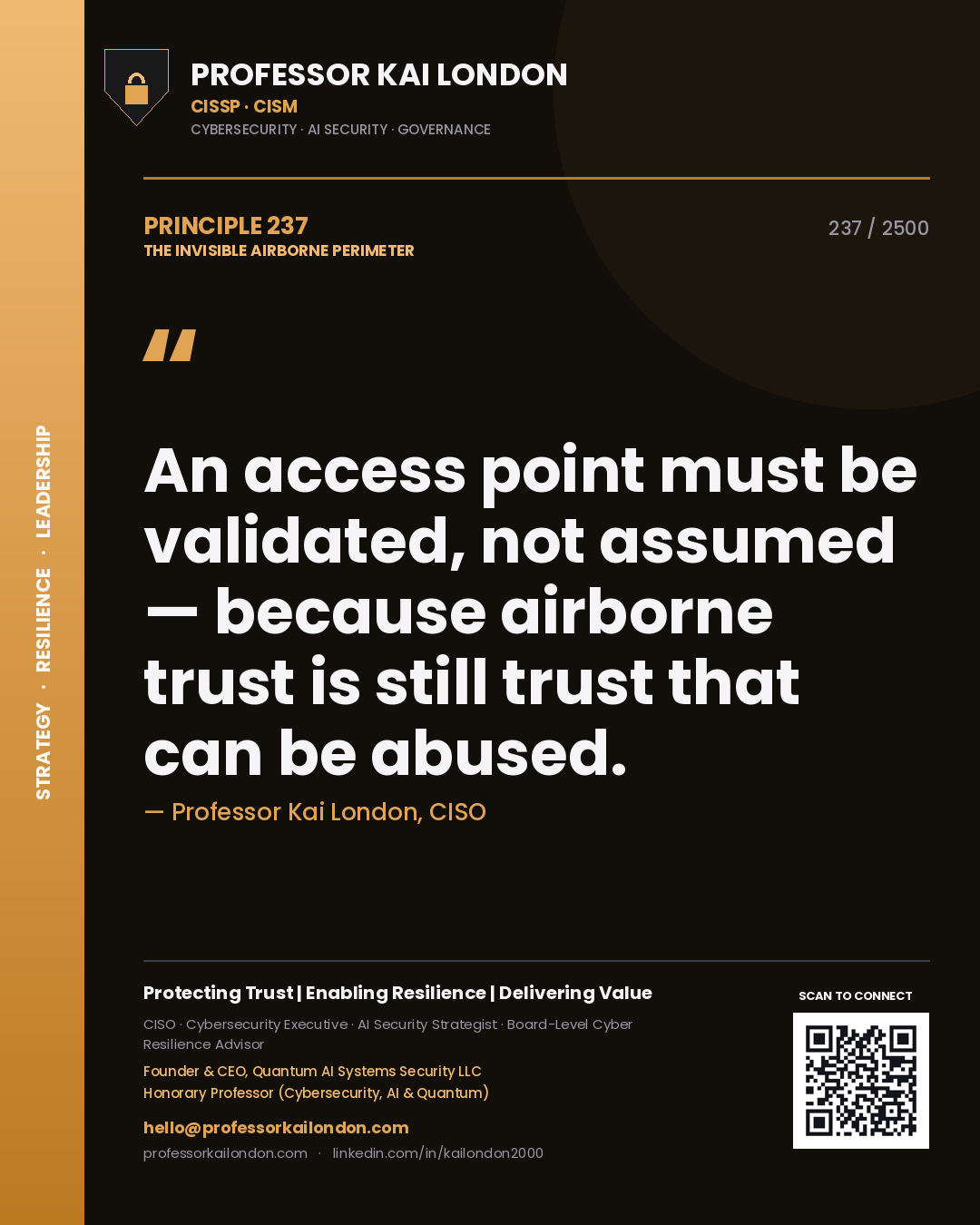 Quote card by Professor Kai London reading 'An access point must be validated, not assumed — because airborne trust is still trust that can be abused.'. From the book The Invisible Airborne Perimeter.