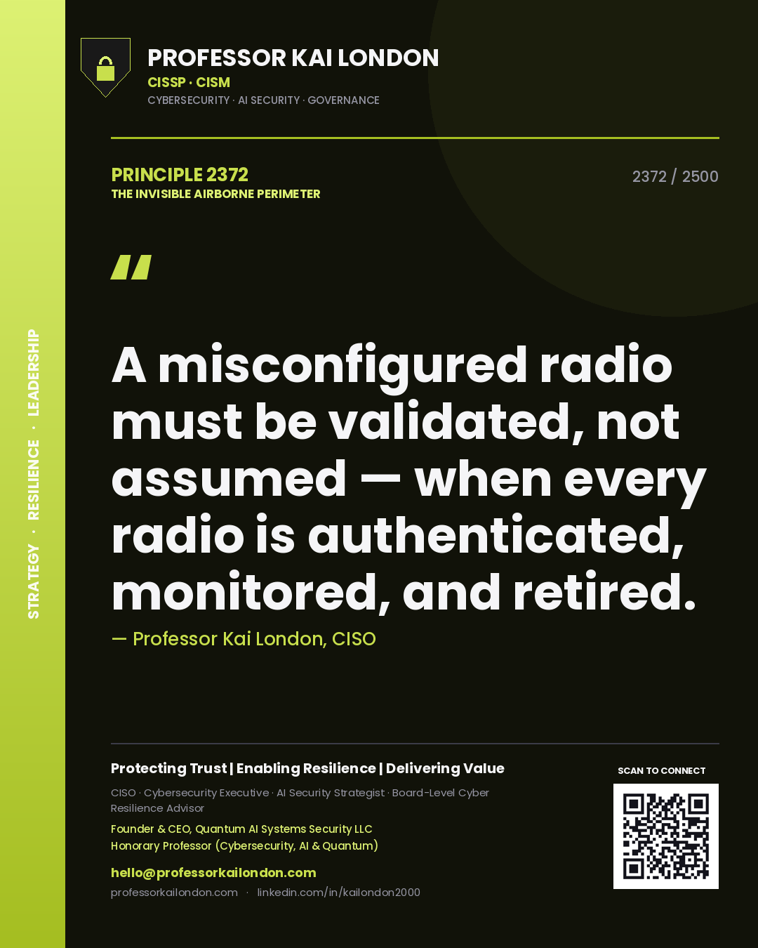 Quote card by Professor Kai London reading 'A misconfigured radio must be validated, not assumed — when every radio is authenticated, monitored, and retired.'. From the book The Invisible Airborne Perimeter.