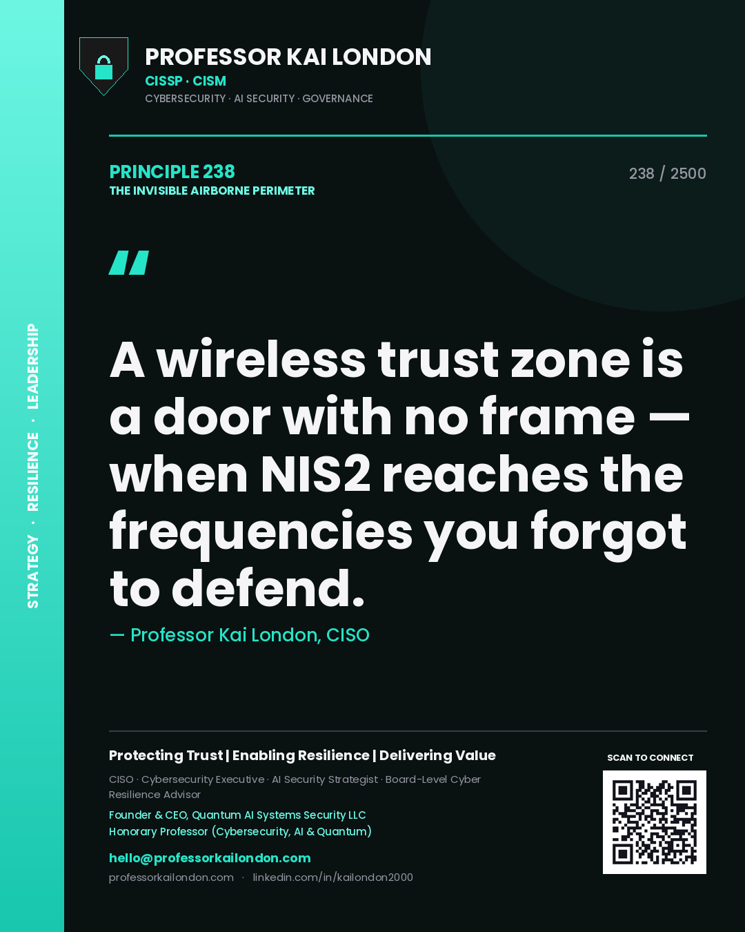 Professor Kai London principle 238: A wireless trust zone is a door with no frame — when NIS2 reaches the frequencies you forgot to defend.