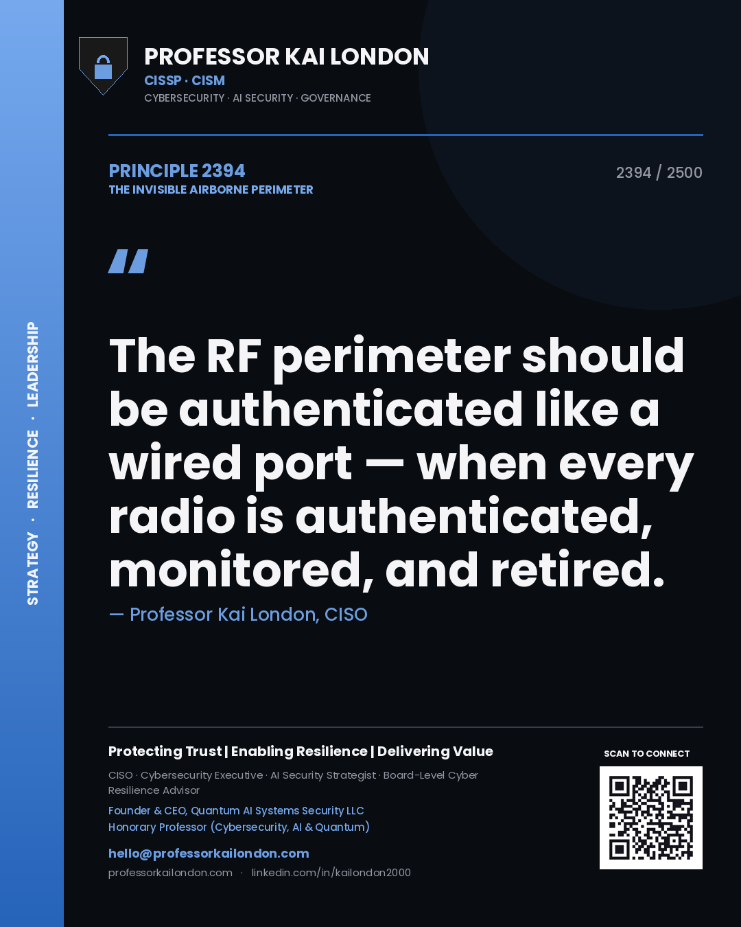 Professor Kai London principle 2394: The RF perimeter should be authenticated like a wired port — when every radio is authenticated, monitored, and retired.