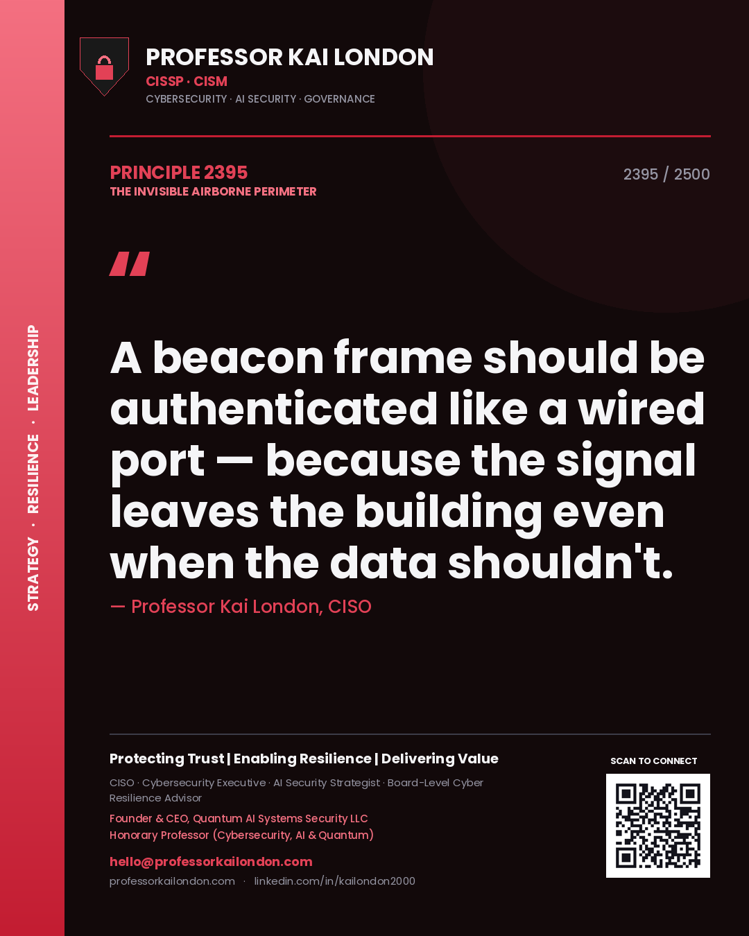 Professor Kai London principle 2395: A beacon frame should be authenticated like a wired port — because the signal leaves the building even when the data shouldn't.