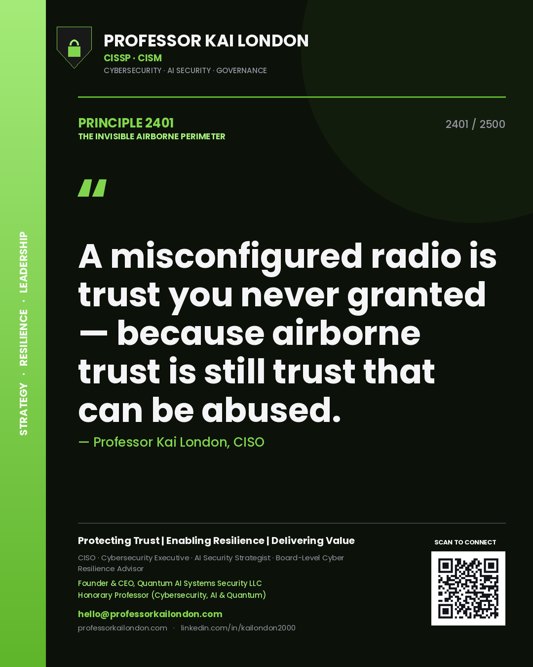 Quote card by Professor Kai London reading 'A misconfigured radio is trust you never granted — because airborne trust is still trust that can be abused.'. From the book The Invisible Airborne Perimeter.