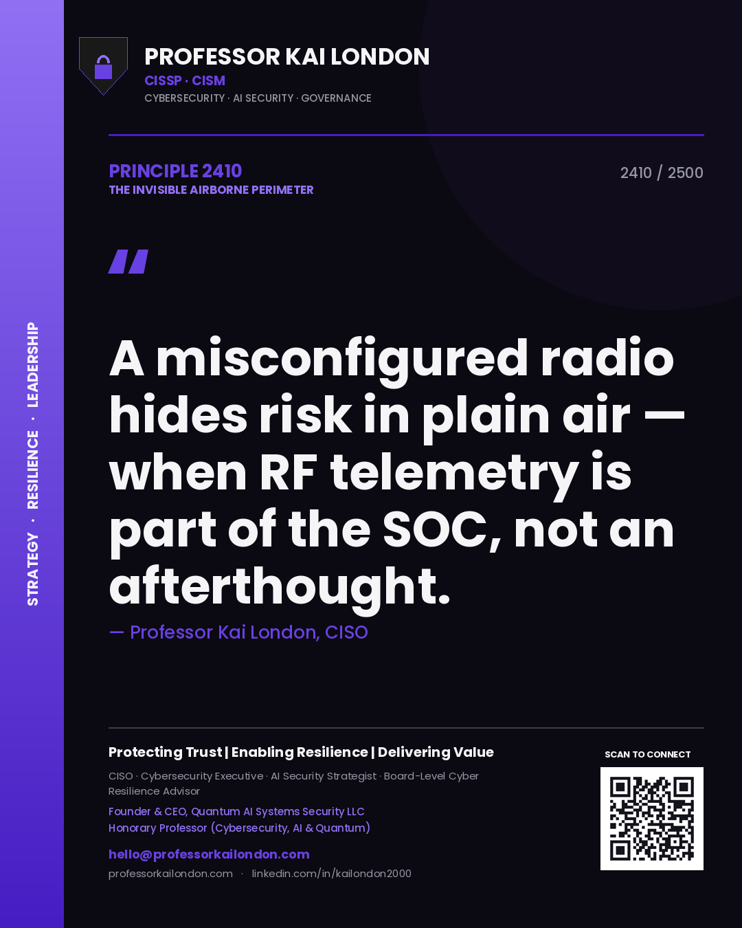 Quote card by Professor Kai London reading 'A misconfigured radio hides risk in plain air — when RF telemetry is part of the SOC, not an afterthought.'. From the book The Invisible Airborne Perimeter.