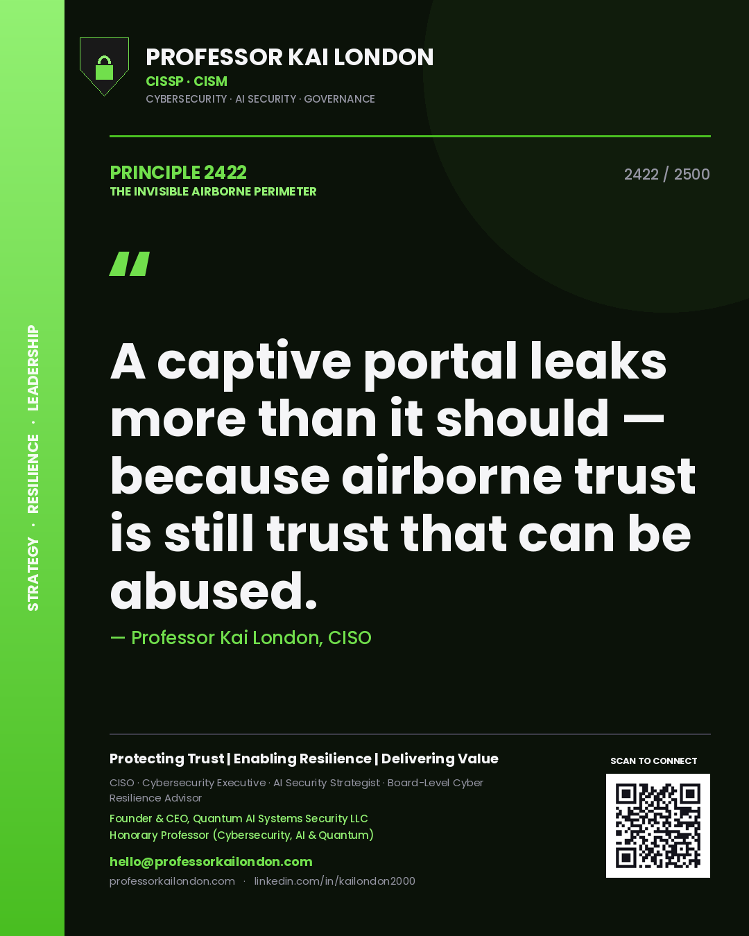 Quote card by Professor Kai London reading 'A captive portal leaks more than it should — because airborne trust is still trust that can be abused.'. From the book The Invisible Airborne Perimeter.