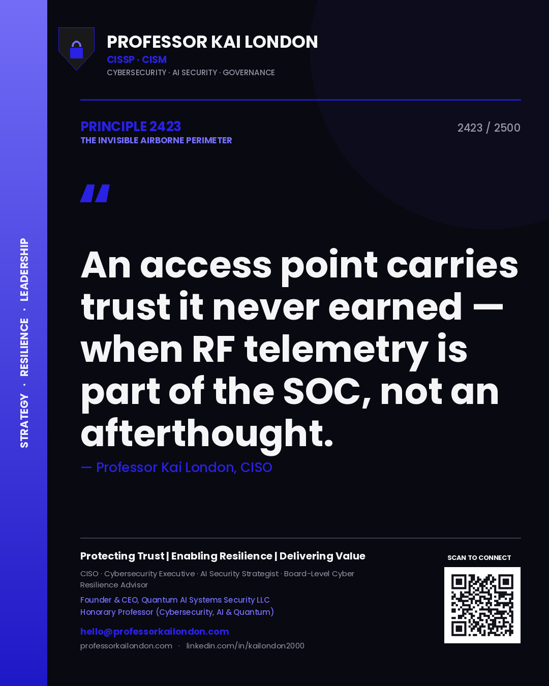 Quote card by Professor Kai London reading 'An access point carries trust it never earned — when RF telemetry is part of the SOC, not an afterthought.'. From the book The Invisible Airborne Perimeter.