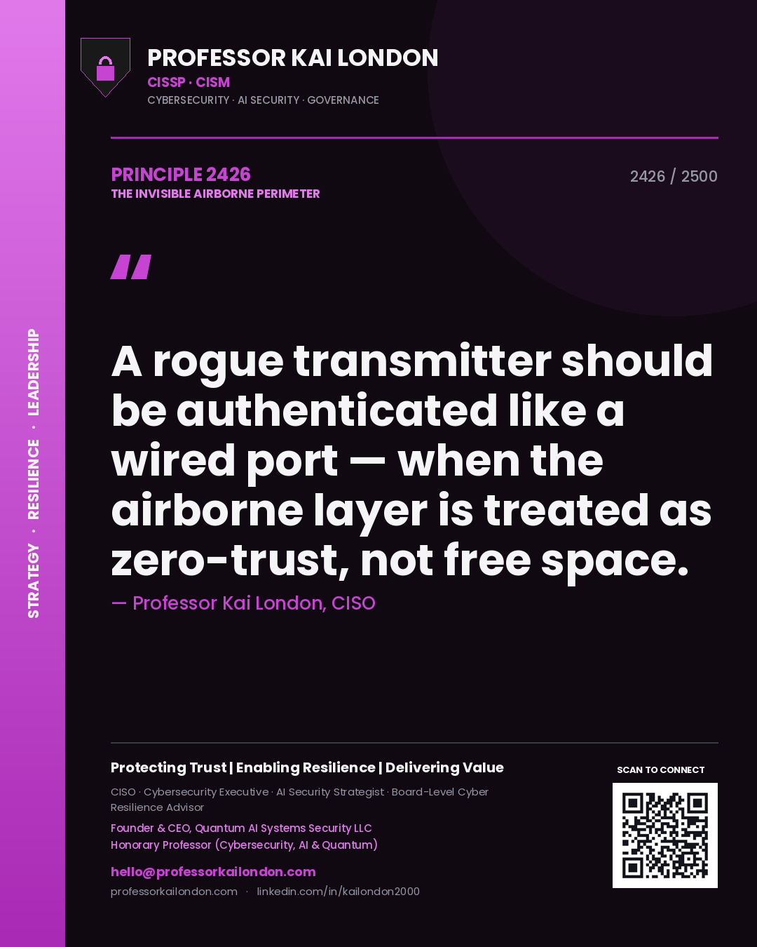 Professor Kai London principle 2426: A rogue transmitter should be authenticated like a wired port — when the airborne layer is treated as zero-trust, not free space.