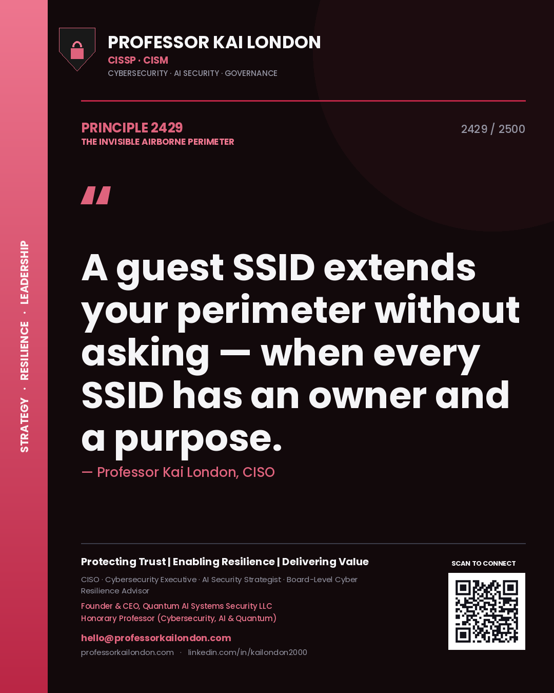 Quote card by Professor Kai London reading 'A guest SSID extends your perimeter without asking — when every SSID has an owner and a purpose.'. From the book The Invisible Airborne Perimeter.