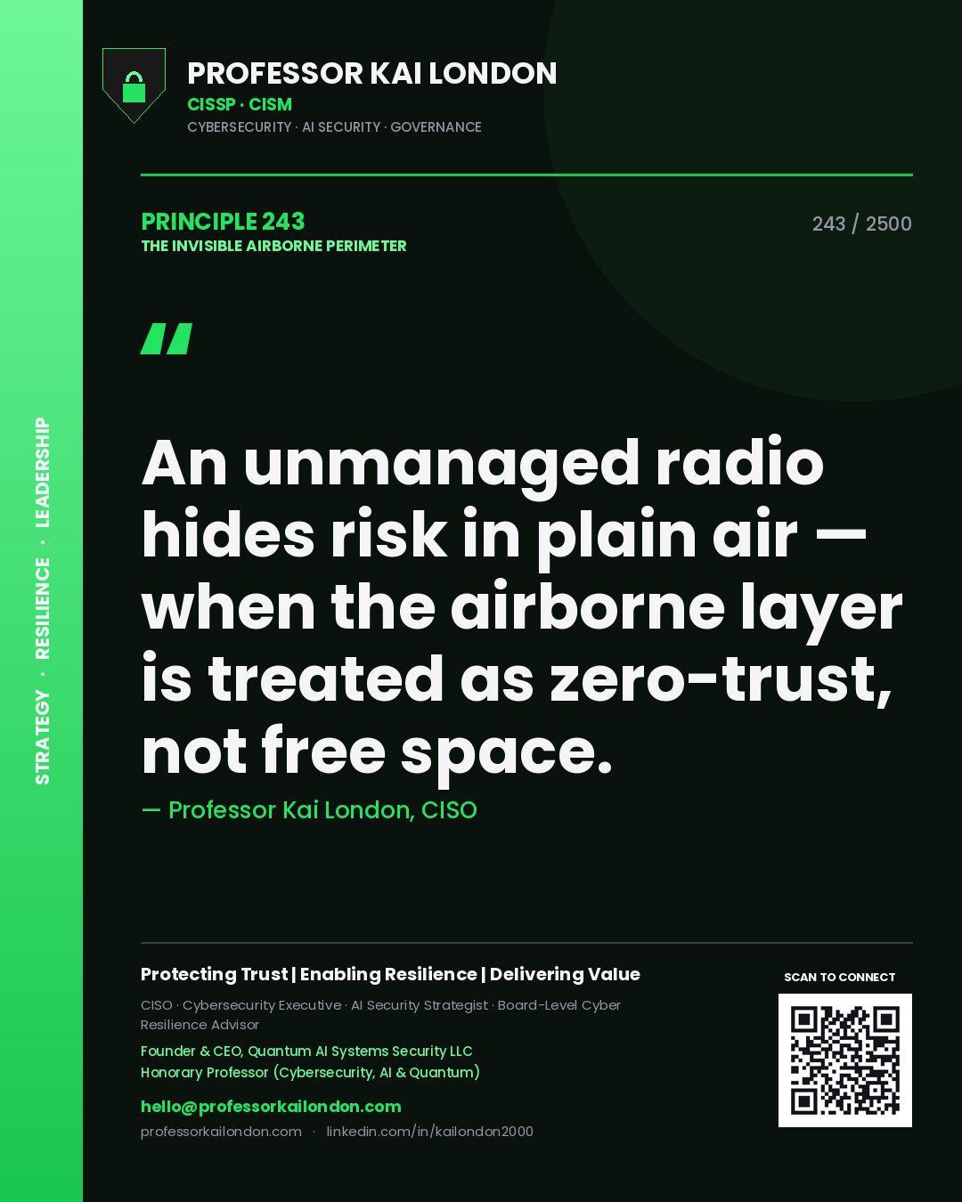 Professor Kai London principle 243: An unmanaged radio hides risk in plain air — when the airborne layer is treated as zero-trust, not free space.