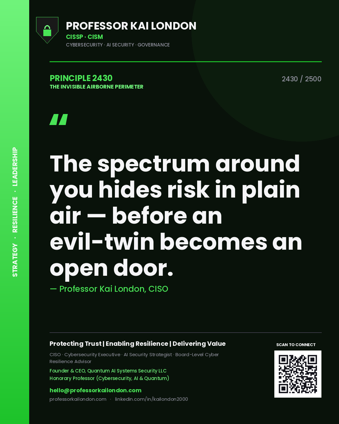 Quote card by Professor Kai London reading 'The spectrum around you hides risk in plain air — before an evil-twin becomes an open door.'. From the book The Invisible Airborne Perimeter.