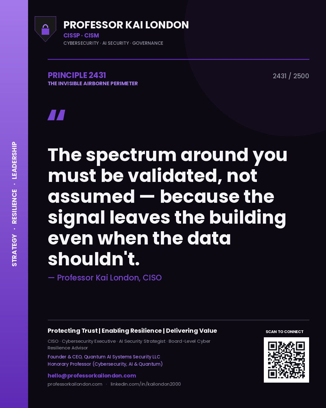 Professor Kai London principle 2431: The spectrum around you must be validated, not assumed — because the signal leaves the building even when the data shouldn't.
