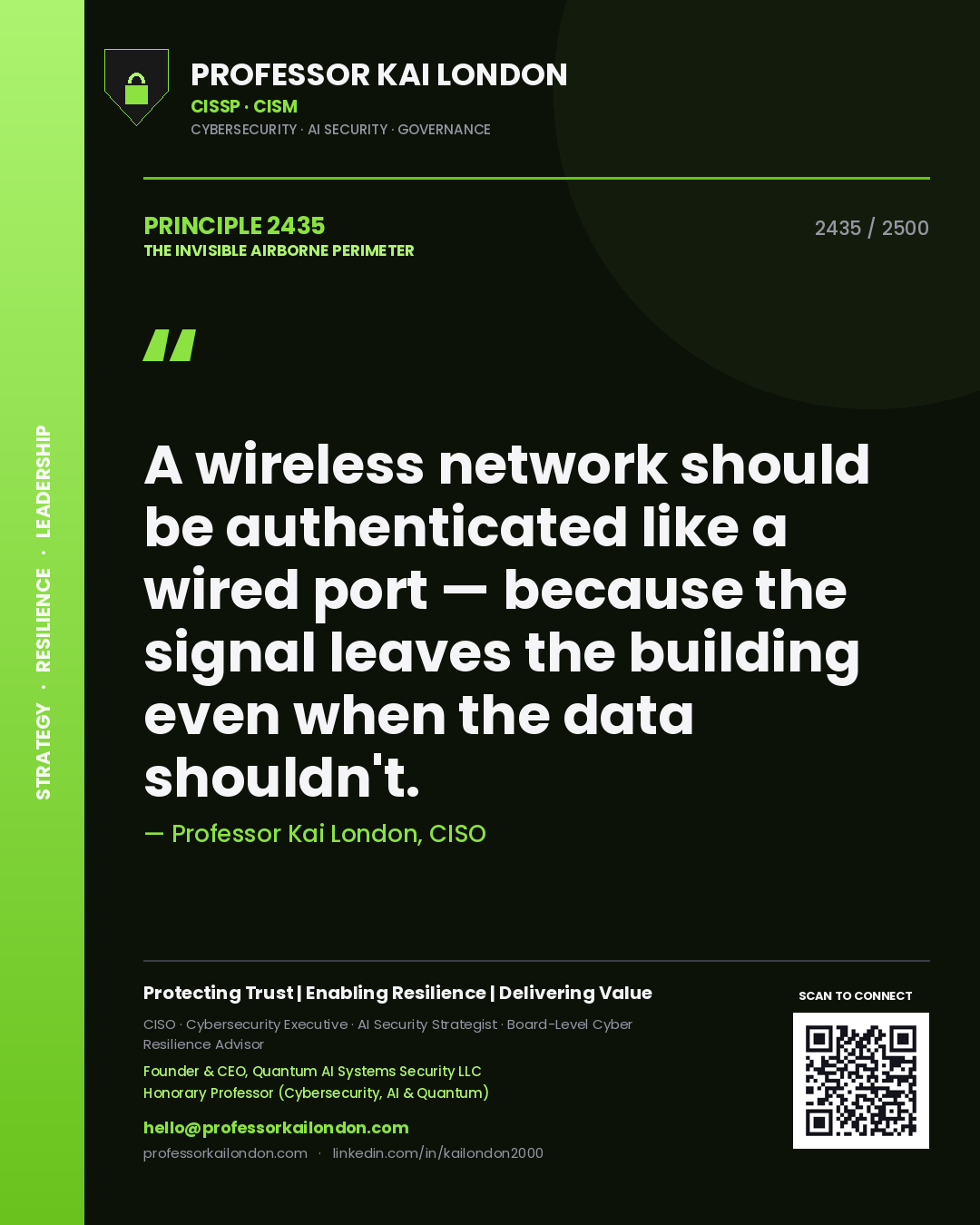 Professor Kai London principle 2435: A wireless network should be authenticated like a wired port — because the signal leaves the building even when the data shouldn't.