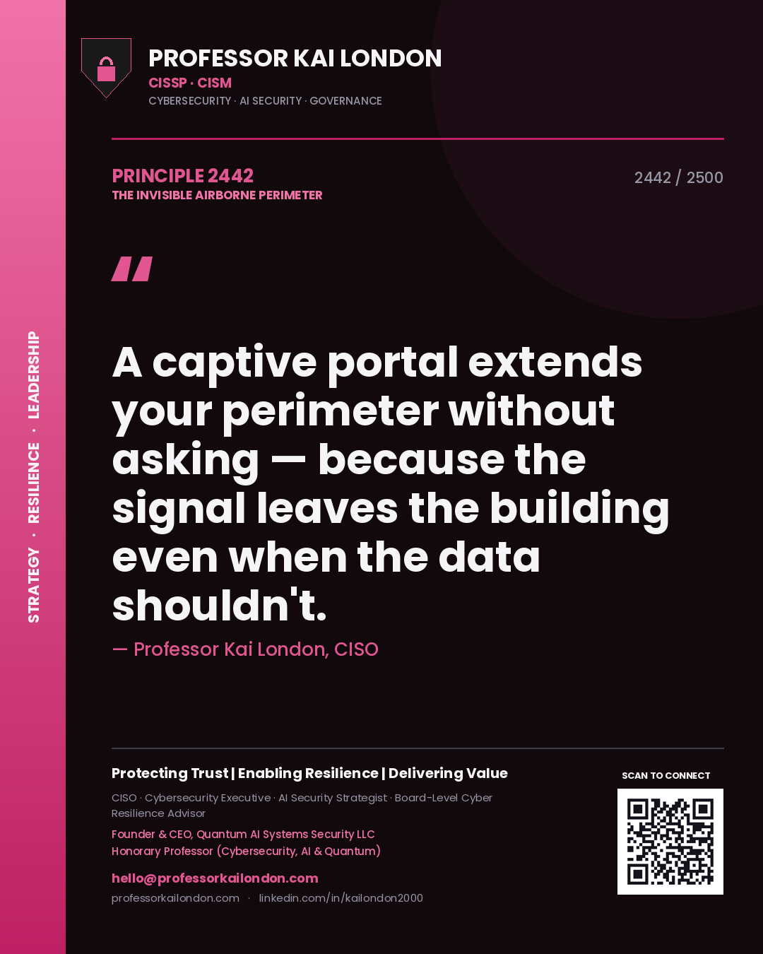 Quote card by Professor Kai London reading 'A captive portal extends your perimeter without asking — because the signal leaves the building even when the data shouldn't.'. From the book The Invisible Airborne Perimeter.