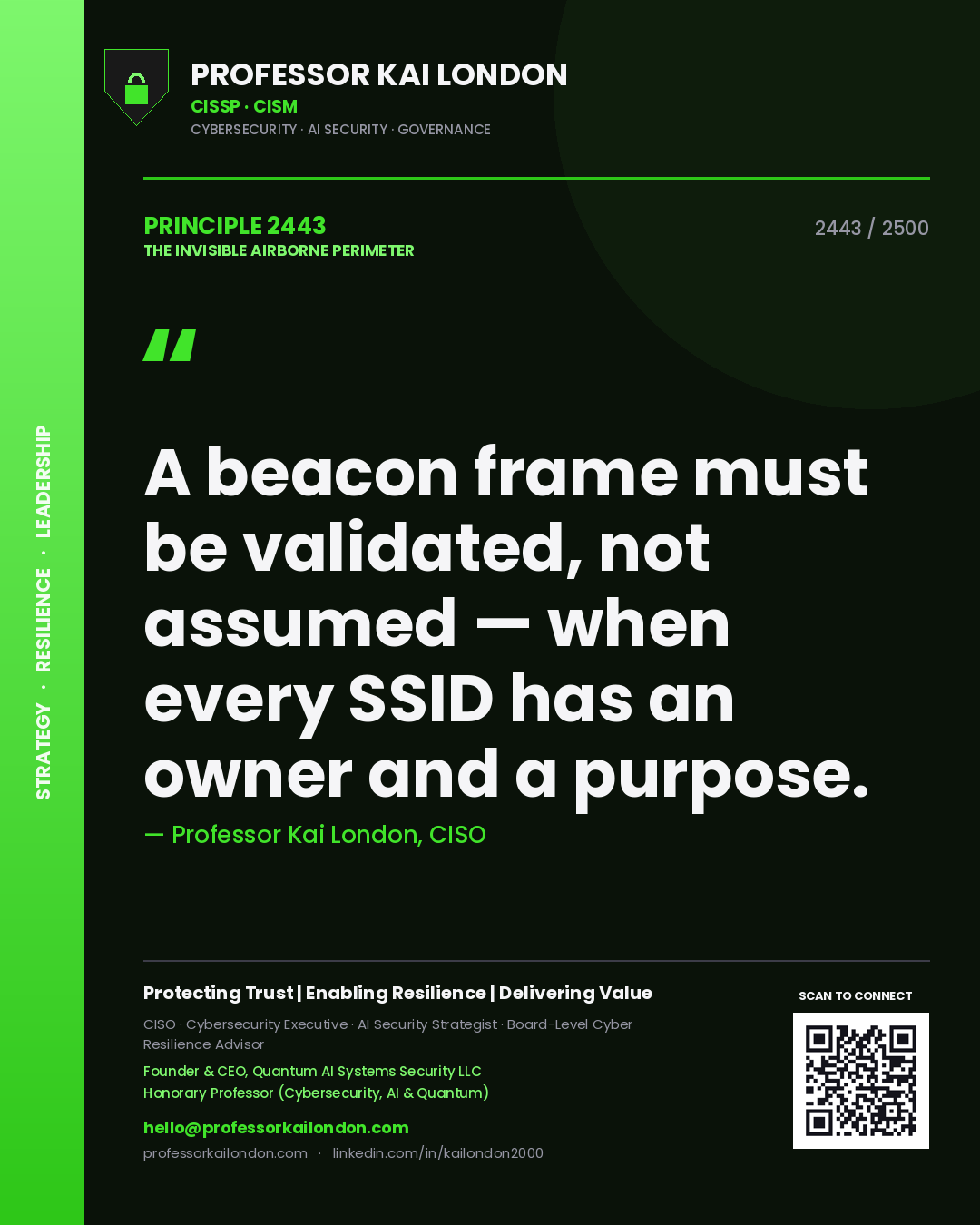 Quote card by Professor Kai London reading 'A beacon frame must be validated, not assumed — when every SSID has an owner and a purpose.'. From the book The Invisible Airborne Perimeter.