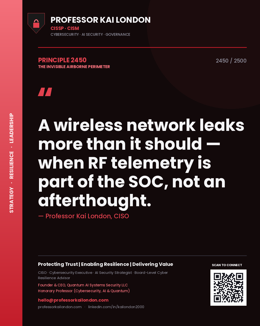 Quote card by Professor Kai London reading 'A wireless network leaks more than it should — when RF telemetry is part of the SOC, not an afterthought.'. From the book The Invisible Airborne Perimeter.