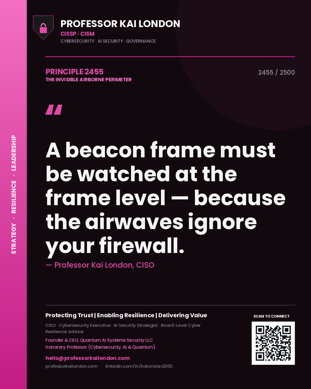 Quote card by Professor Kai London reading 'A beacon frame must be watched at the frame level — because the airwaves ignore your firewall.'. From the book The Invisible Airborne Perimeter.