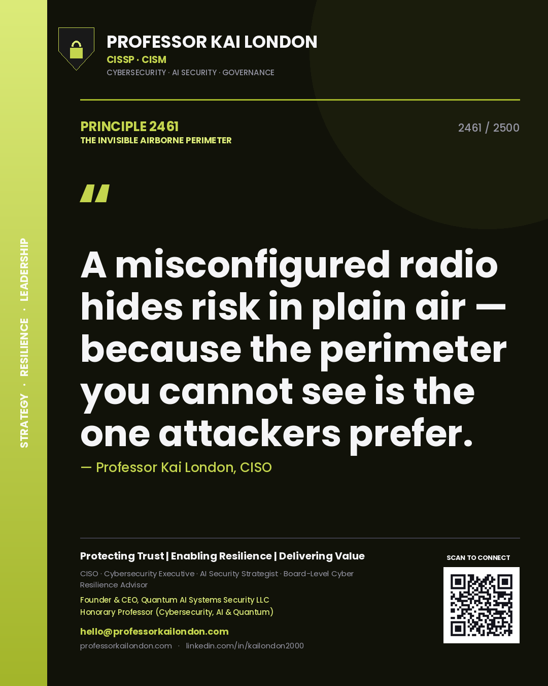 Professor Kai London principle 2461: A misconfigured radio hides risk in plain air — because the perimeter you cannot see is the one attackers prefer.