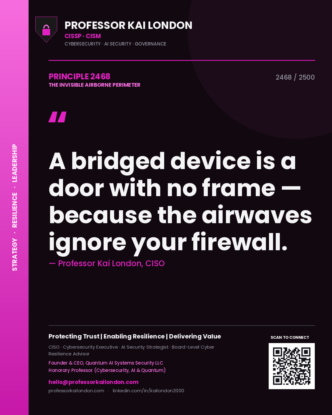 Professor Kai London principle 2468: A bridged device is a door with no frame — because the airwaves ignore your firewall.