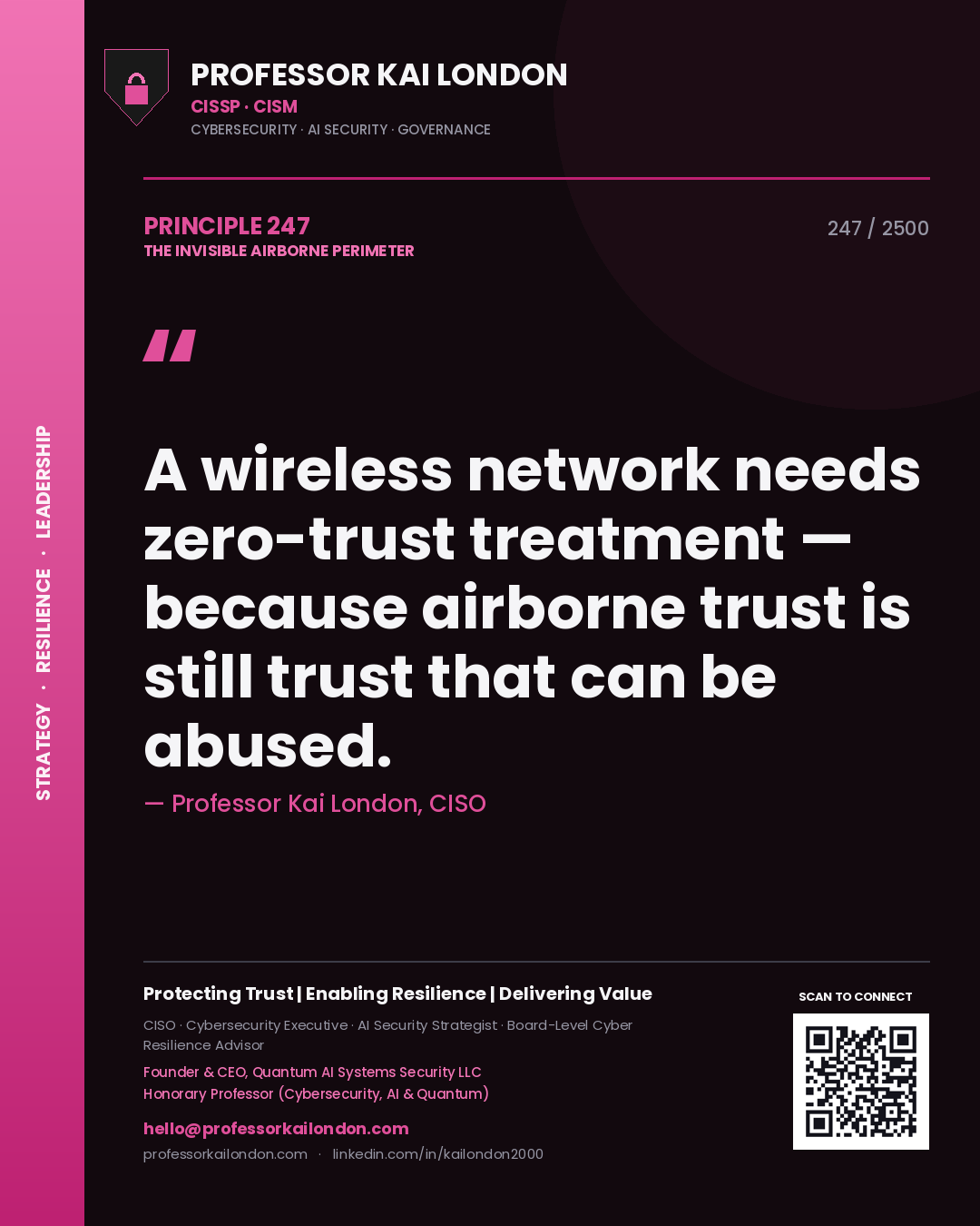 Professor Kai London principle 247: A wireless network needs zero-trust treatment — because airborne trust is still trust that can be abused.