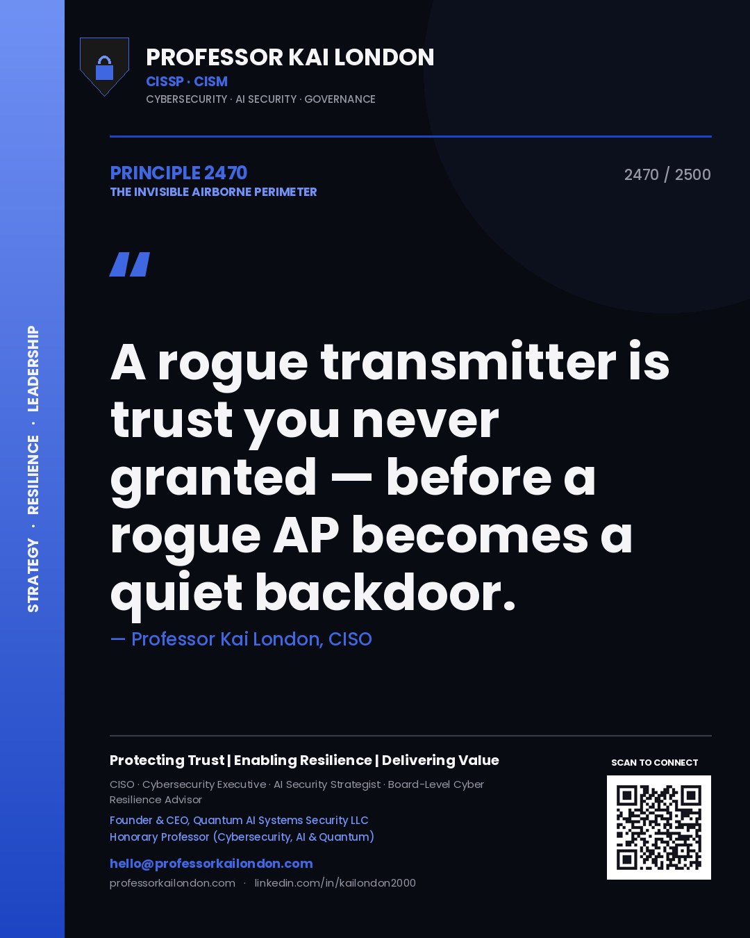 Quote card by Professor Kai London reading 'A rogue transmitter is trust you never granted — before a rogue AP becomes a quiet backdoor.'. From the book The Invisible Airborne Perimeter.