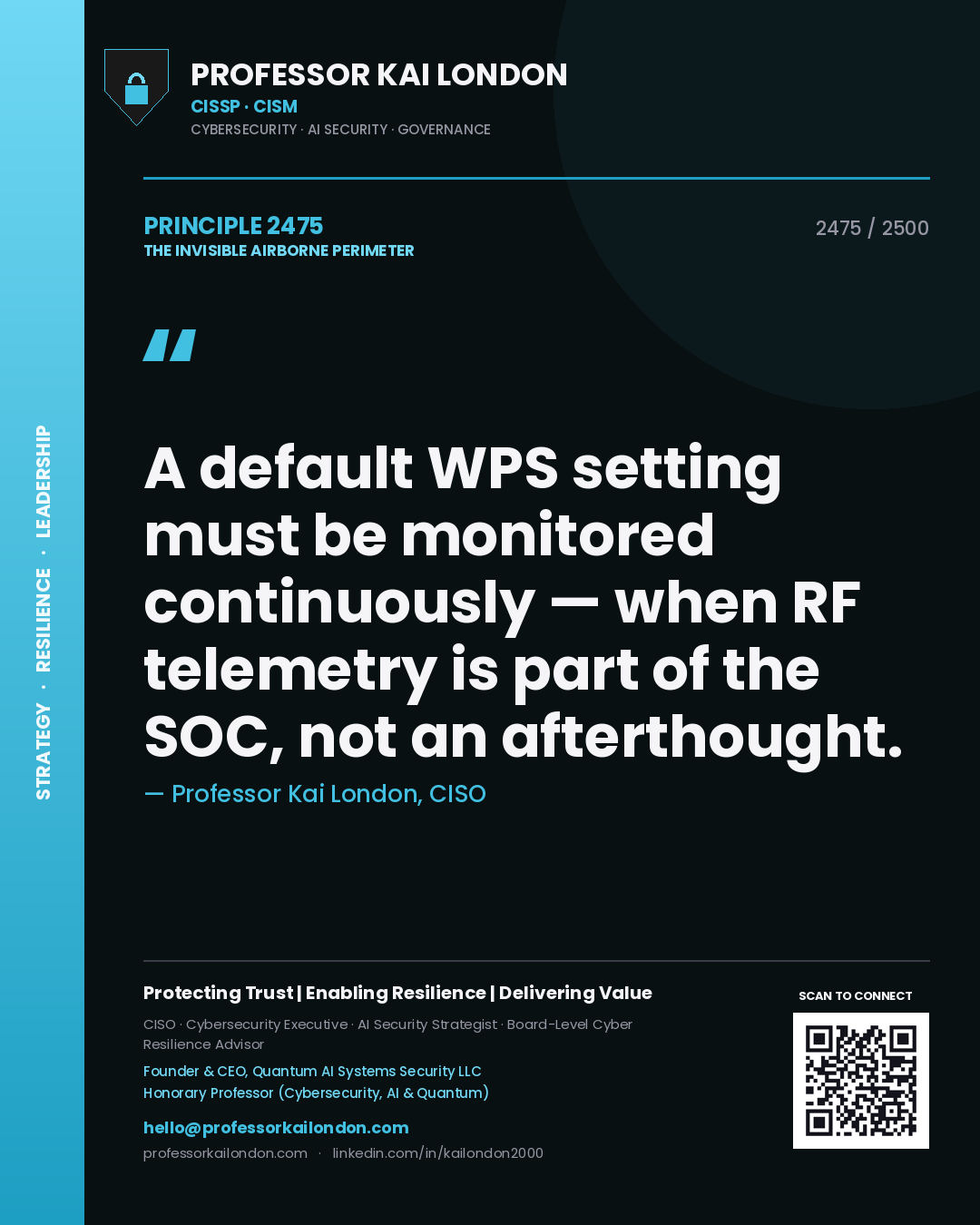 Quote card by Professor Kai London reading 'A default WPS setting must be monitored continuously — when RF telemetry is part of the SOC, not an afterthought.'. From the book The Invisible Airborne Perimeter.