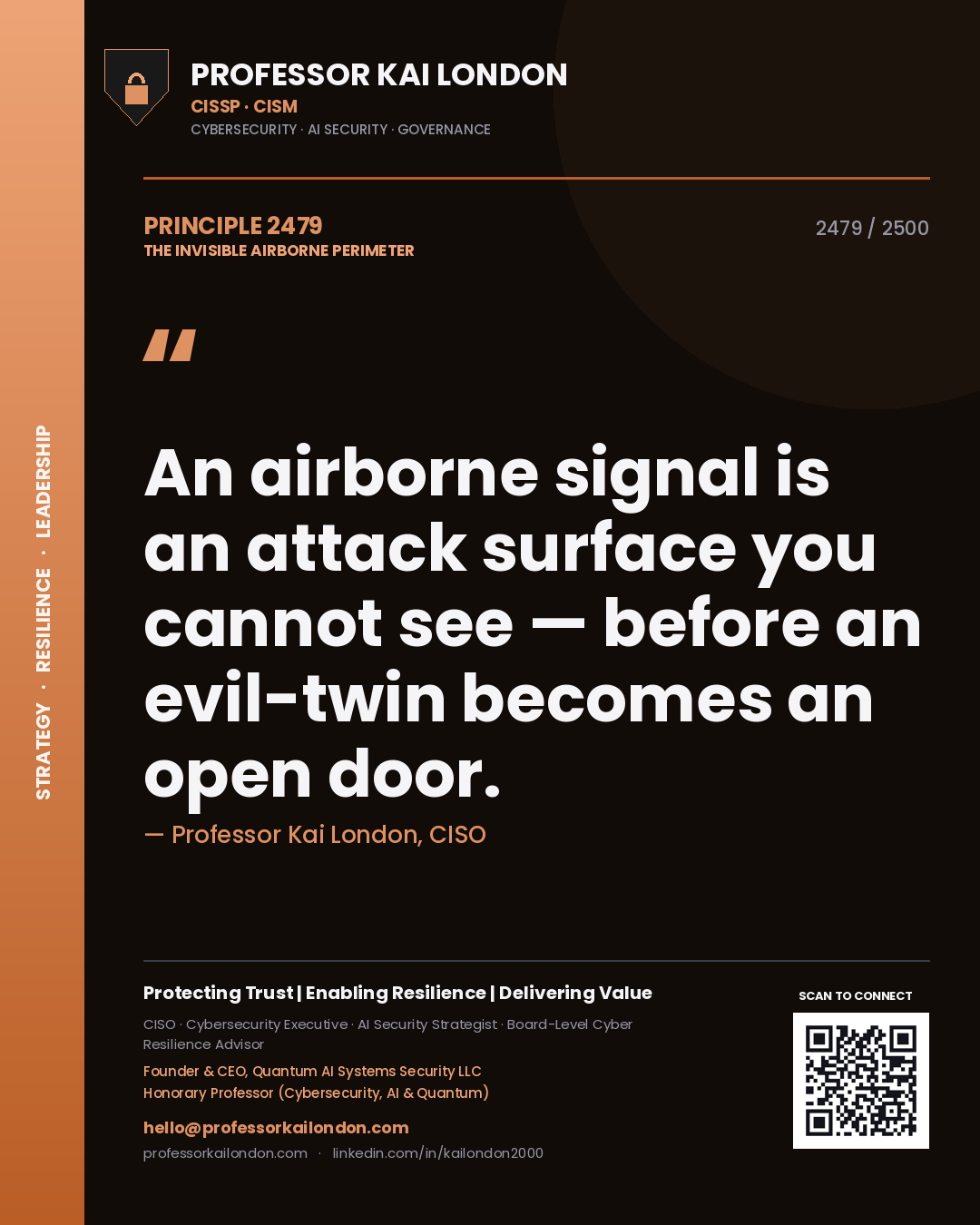 Quote card by Professor Kai London reading 'An airborne signal is an attack surface you cannot see — before an evil-twin becomes an open door.'. From the book The Invisible Airborne Perimeter.