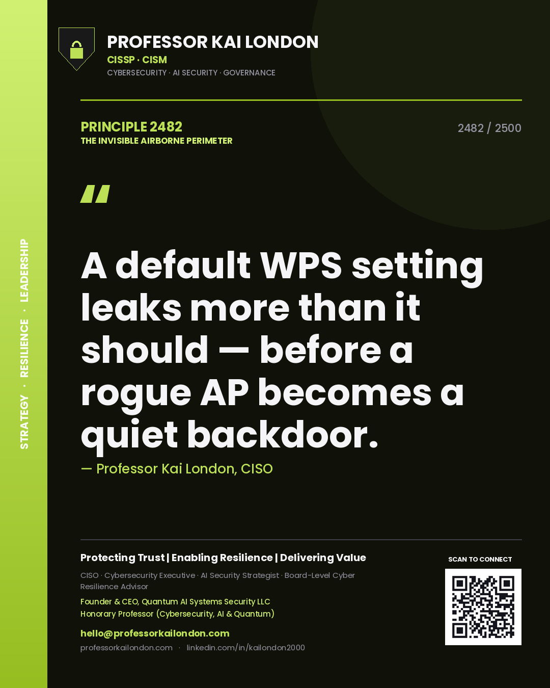 Quote card by Professor Kai London reading 'A default WPS setting leaks more than it should — before a rogue AP becomes a quiet backdoor.'. From the book The Invisible Airborne Perimeter.