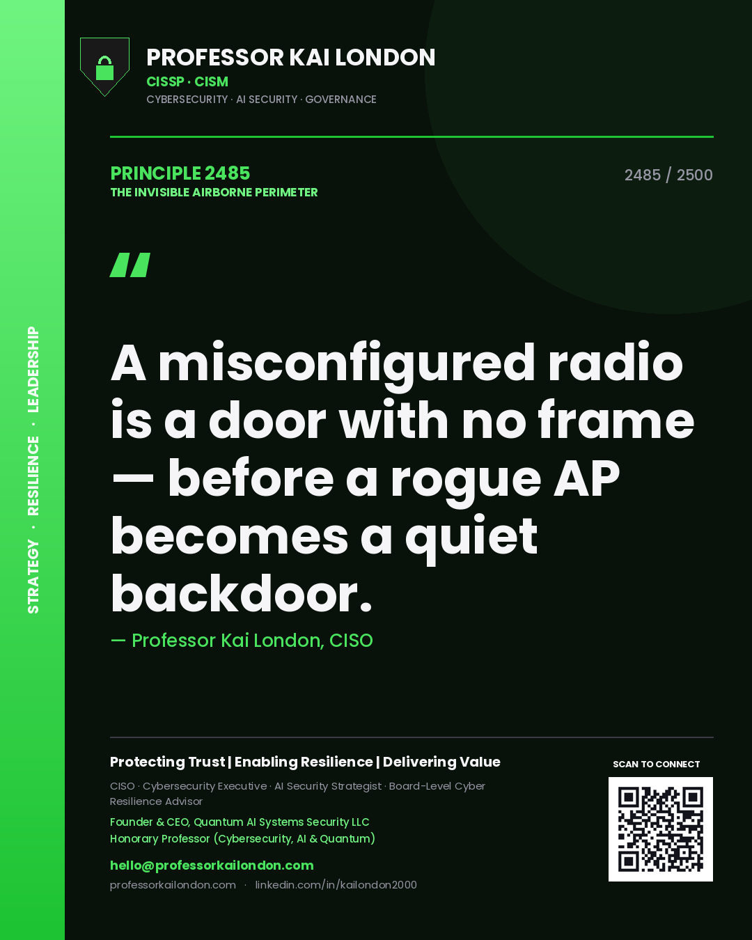 Professor Kai London principle 2485: A misconfigured radio is a door with no frame — before a rogue AP becomes a quiet backdoor.