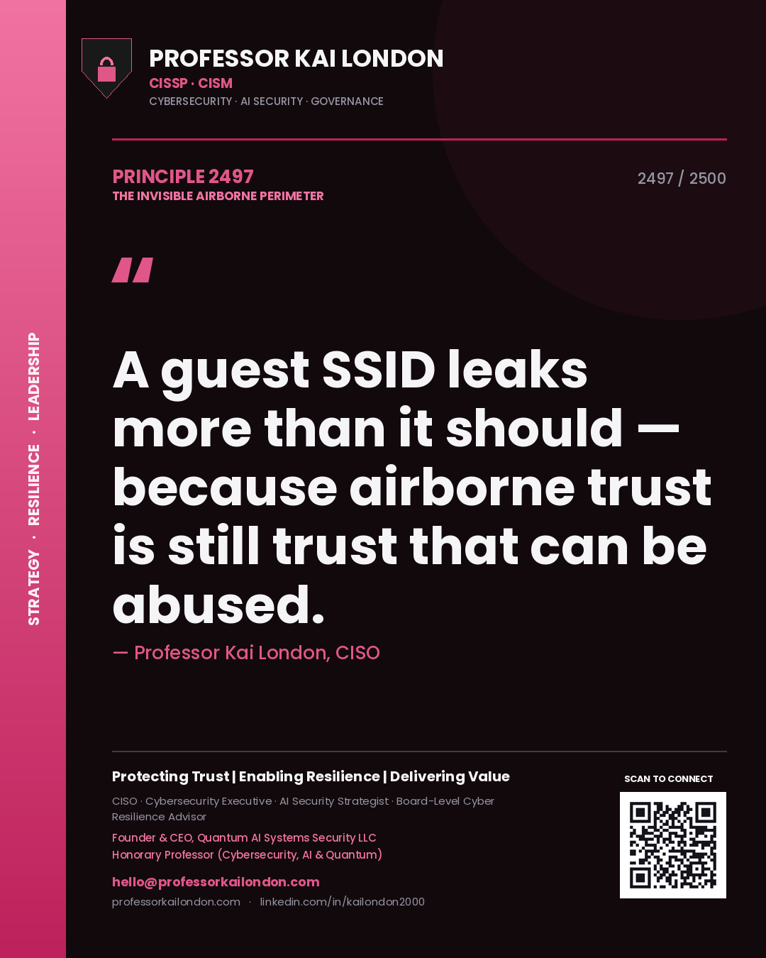 Quote card by Professor Kai London reading 'A guest SSID leaks more than it should — because airborne trust is still trust that can be abused.'. From the book The Invisible Airborne Perimeter.