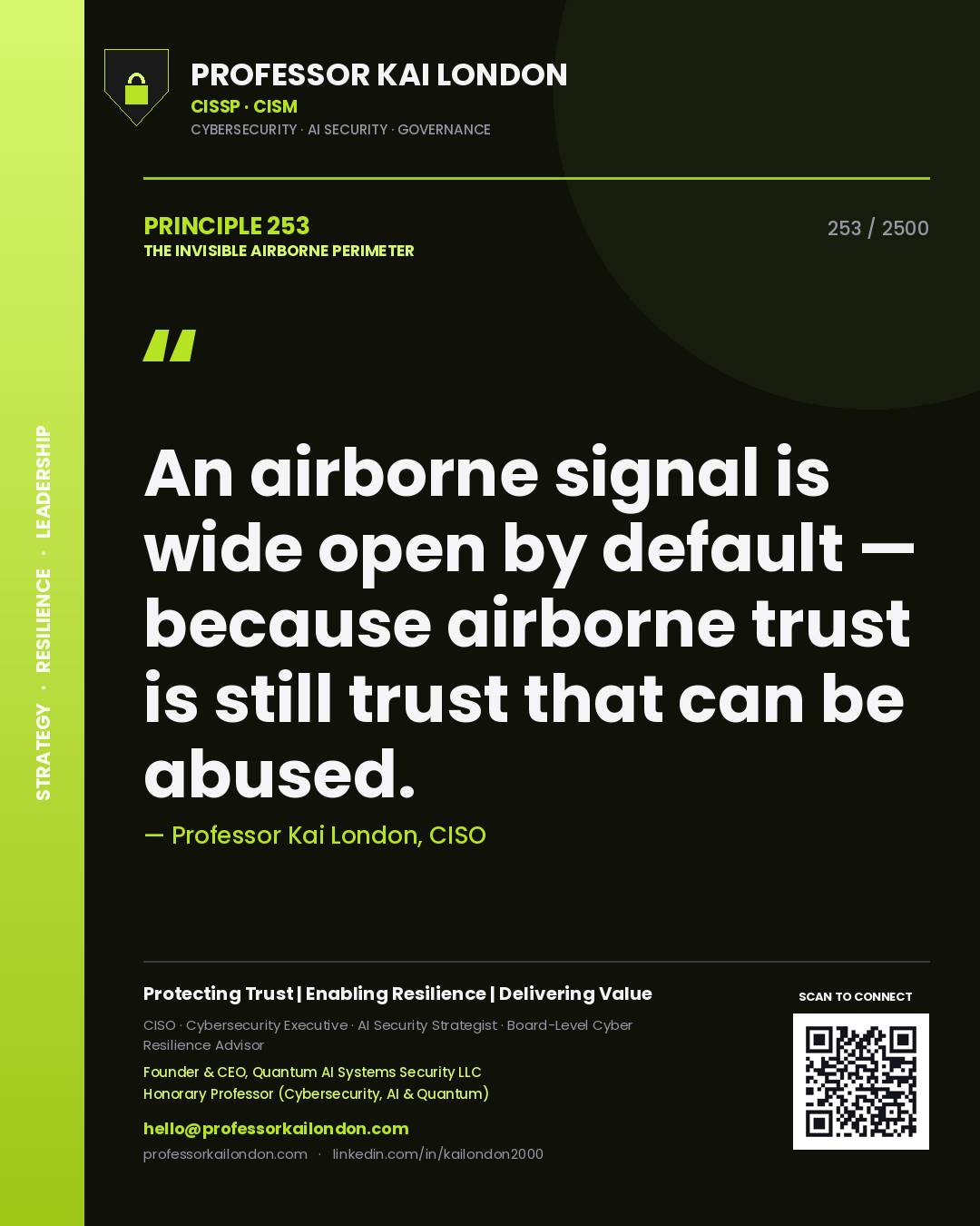 Quote card by Professor Kai London reading 'An airborne signal is wide open by default — because airborne trust is still trust that can be abused.'. From the book The Invisible Airborne Perimeter.