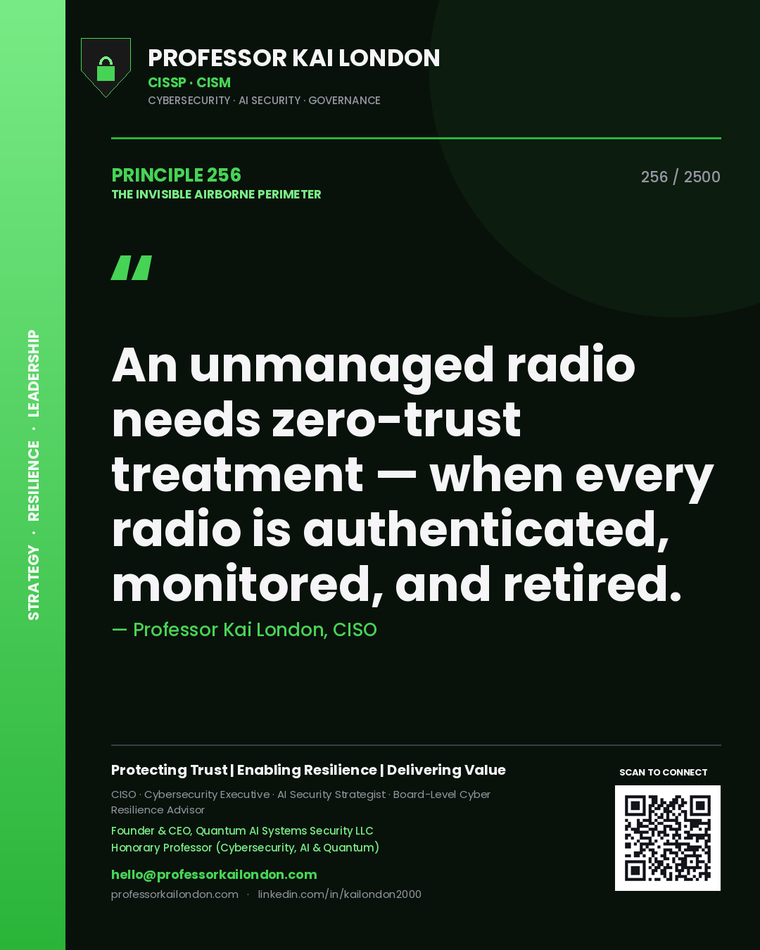 Professor Kai London principle 256: An unmanaged radio needs zero-trust treatment — when every radio is authenticated, monitored, and retired.