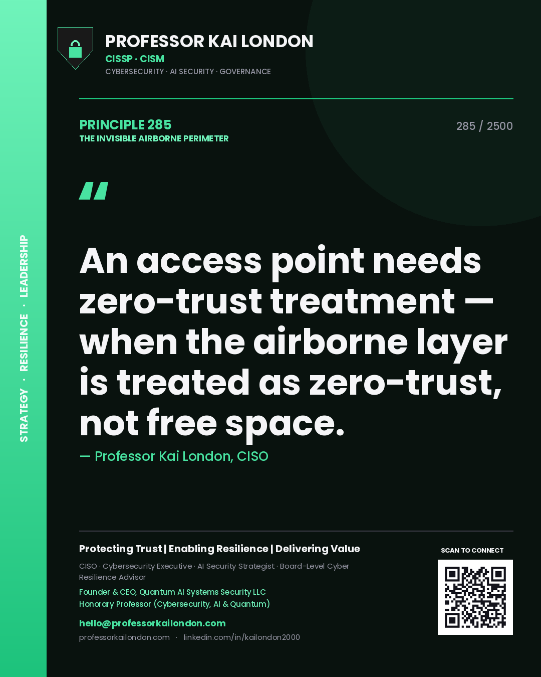 Quote card by Professor Kai London reading 'An access point needs zero-trust treatment — when the airborne layer is treated as zero-trust, not free space.'. From the book The Invisible Airborne Perimeter.