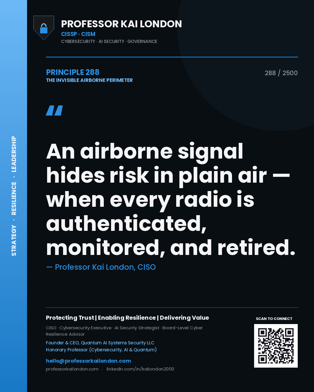 Professor Kai London principle 288: An airborne signal hides risk in plain air — when every radio is authenticated, monitored, and retired.