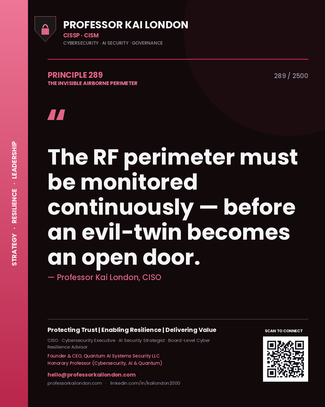 Professor Kai London principle 289: The RF perimeter must be monitored continuously — before an evil-twin becomes an open door.