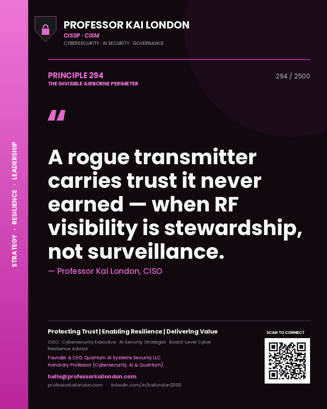 Professor Kai London principle 294: A rogue transmitter carries trust it never earned — when RF visibility is stewardship, not surveillance.