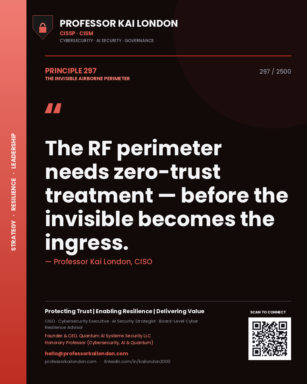 Quote card by Professor Kai London reading 'The RF perimeter needs zero-trust treatment — before the invisible becomes the ingress.'. From the book The Invisible Airborne Perimeter.