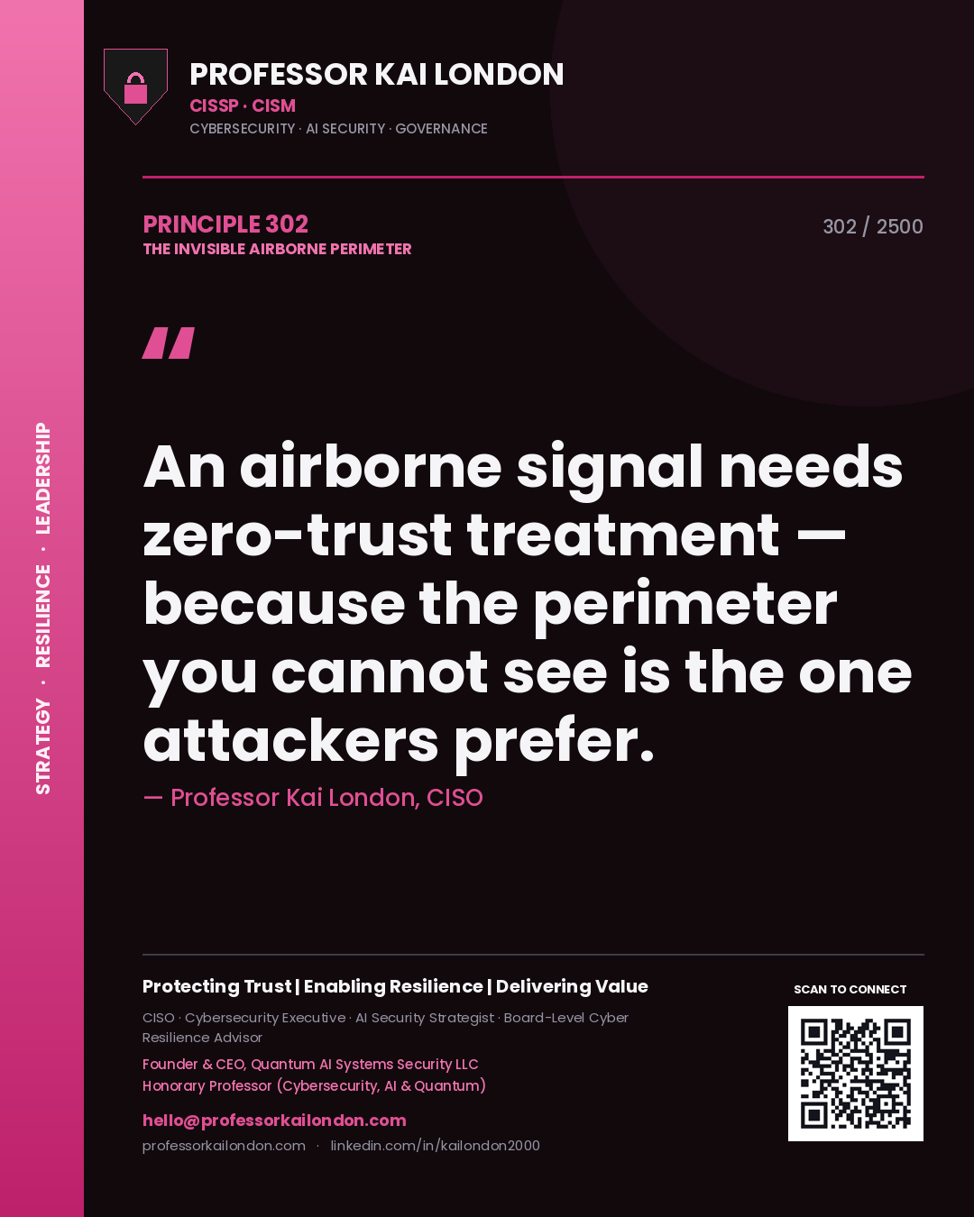 Professor Kai London principle 302: An airborne signal needs zero-trust treatment — because the perimeter you cannot see is the one attackers prefer.