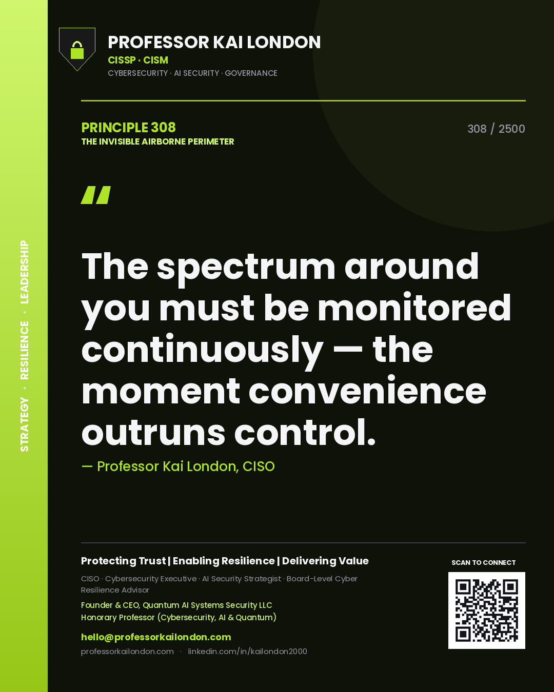 Professor Kai London principle 308: The spectrum around you must be monitored continuously — the moment convenience outruns control.