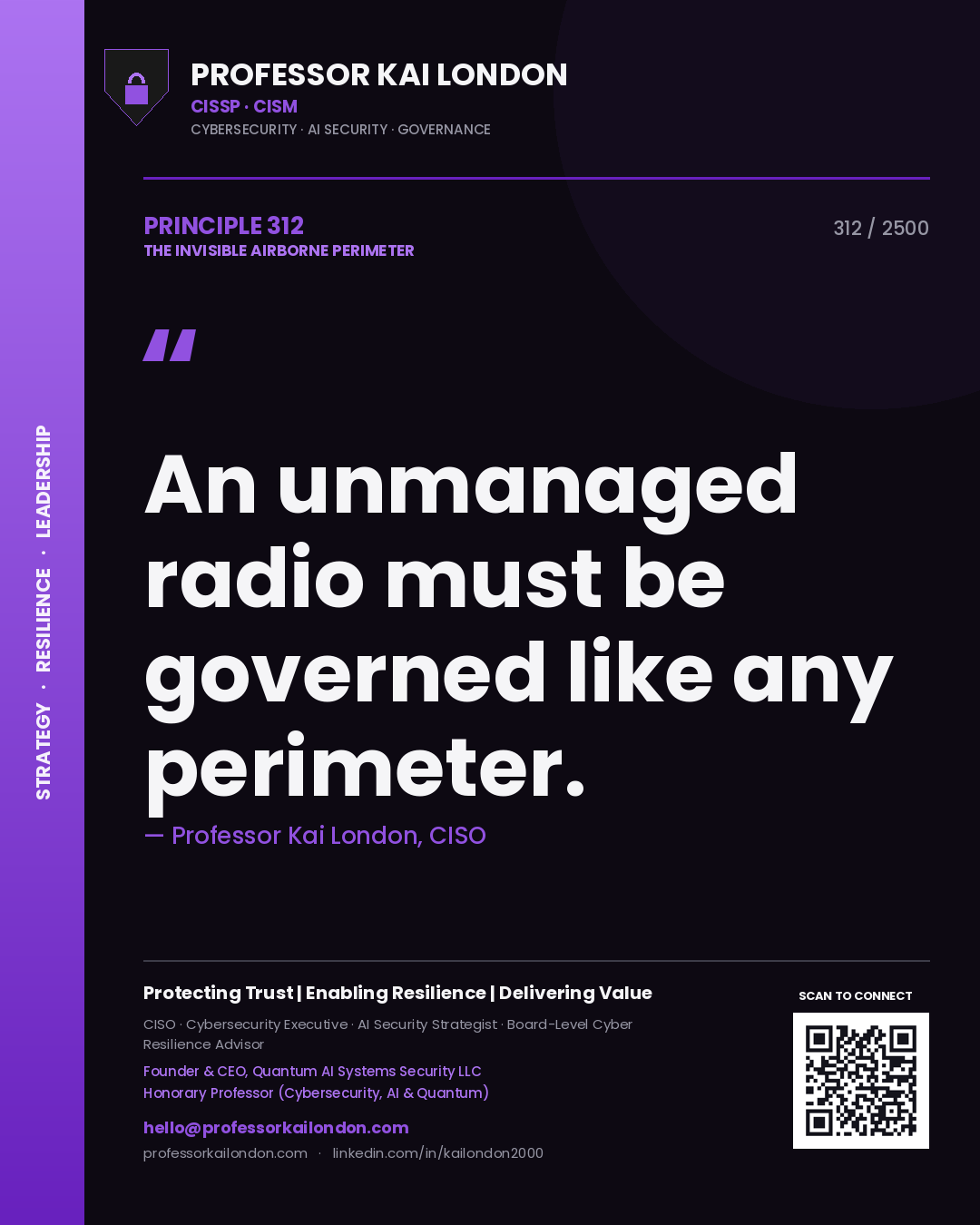 Quote card by Professor Kai London reading 'An unmanaged radio must be governed like any perimeter.'. From the book The Invisible Airborne Perimeter.