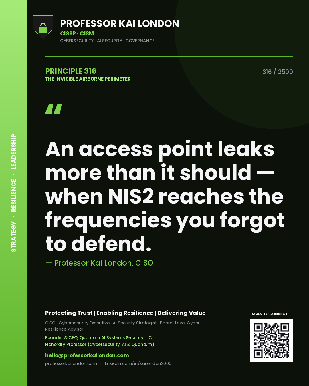 Quote card by Professor Kai London reading 'An access point leaks more than it should — when NIS2 reaches the frequencies you forgot to defend.'. From the book The Invisible Airborne Perimeter.
