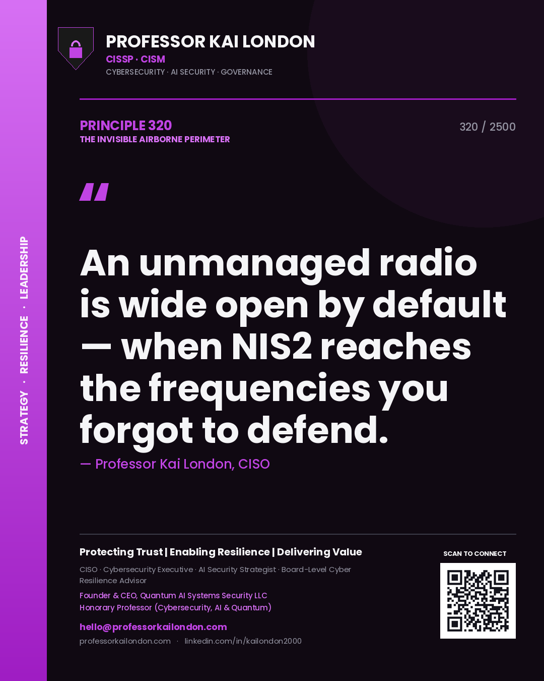 Quote card by Professor Kai London reading 'An unmanaged radio is wide open by default — when NIS2 reaches the frequencies you forgot to defend.'. From the book The Invisible Airborne Perimeter.