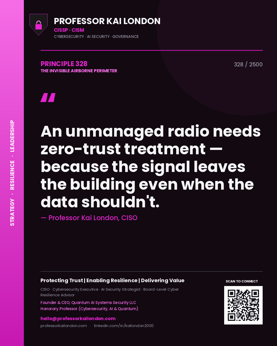 Professor Kai London principle 328: An unmanaged radio needs zero-trust treatment — because the signal leaves the building even when the data shouldn't.