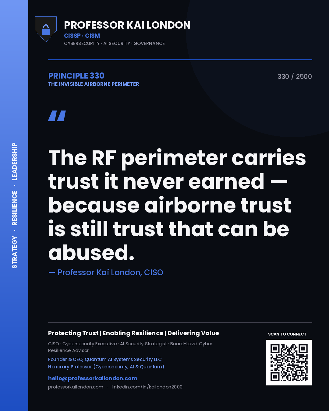 Professor Kai London principle 330: The RF perimeter carries trust it never earned — because airborne trust is still trust that can be abused.