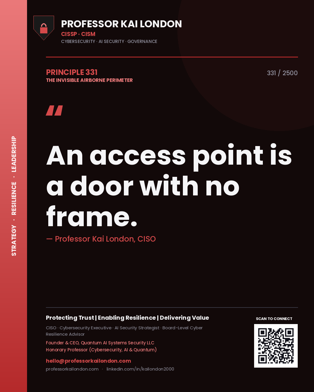 Quote card by Professor Kai London reading 'An access point is a door with no frame.'. From the book The Invisible Airborne Perimeter.