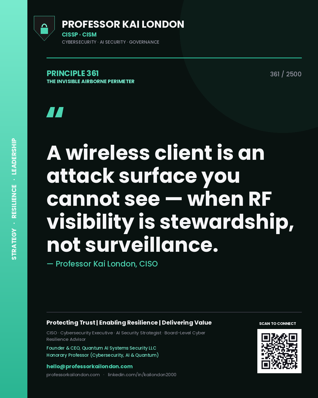 Quote card by Professor Kai London reading 'A wireless client is an attack surface you cannot see — when RF visibility is stewardship, not surveillance.'. From the book The Invisible Airborne Perimeter.