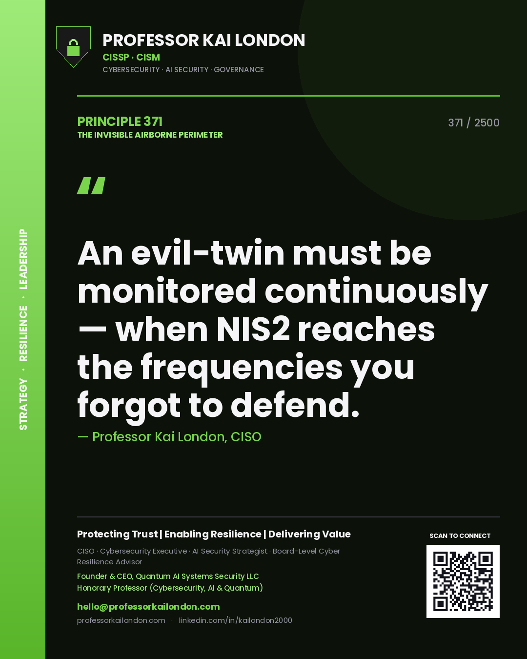 Professor Kai London principle 371: An evil-twin must be monitored continuously — when NIS2 reaches the frequencies you forgot to defend.