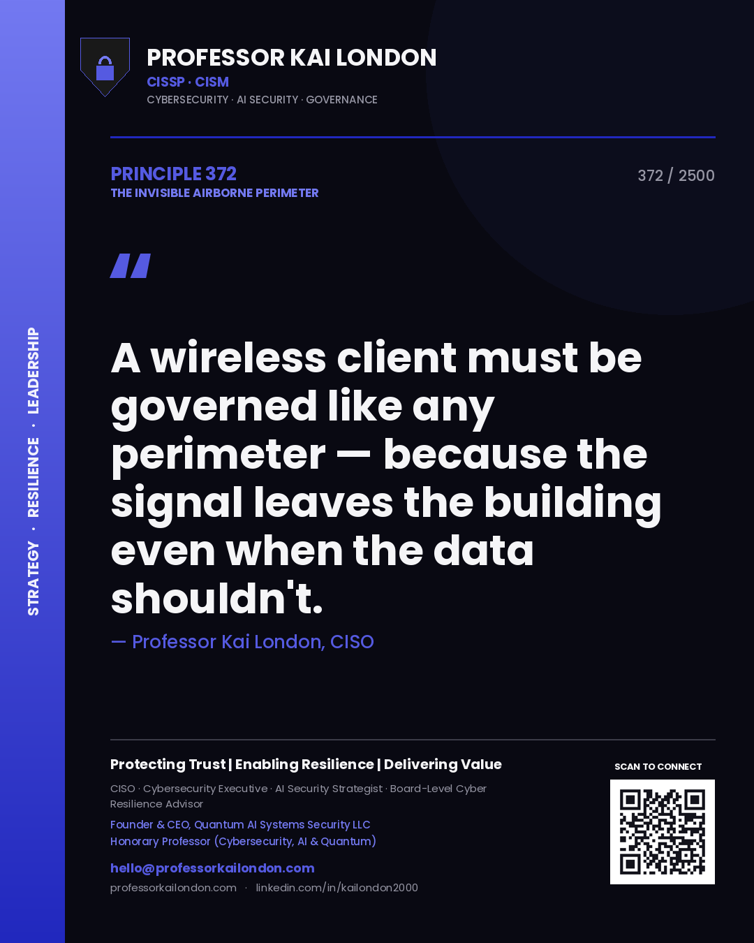 Quote card by Professor Kai London reading 'A wireless client must be governed like any perimeter — because the signal leaves the building even when the data shouldn't.'. From the book The Invisible Airborne Perimeter.